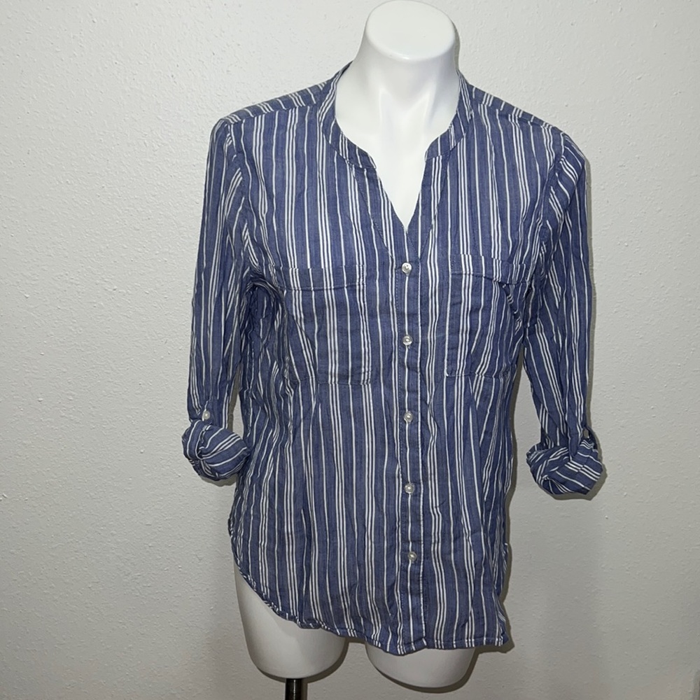 Dip Blue White Striped Button Down Top Sz L